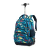 Side angled view of a cartoon dinosaur rolling backpack showing side pockets. Spacious kids' bag by a Backpack OEM Supplier.