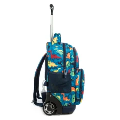 Side profile of a cartoon dinosaur rolling backpack showing wheels, zippers, and a mesh pocket. Large capacity school trolley by a Backpack Supplier.