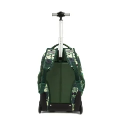 Back view of a green dinosaur rolling backpack with a telescopic handle. Heavy-duty school bag by a professional Backpack Manufacturer.