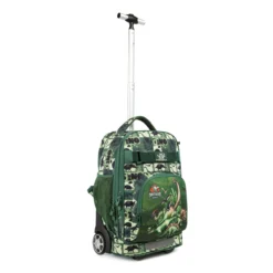 Angled view of a dinosaur rolling backpack with an extended handle and side mesh pocket. School trolley bag by a Backpack Supplier.