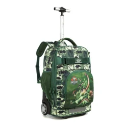 Side view of a dinosaur rolling backpack showing its sturdy two-wheel base and side pocket. Durable school trolley by a Custom Backpack Manufacturer.