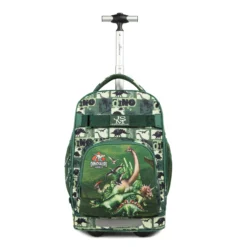 Front view of a green dinosaur rolling backpack with a telescopic handle. Trendy school bag by a leading Backpack Manufacturer.