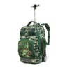 Side profile of a green dinosaur rolling backpack featuring spacious compartments and heavy-duty wheels. Large capacity school trolley by a Backpack OEM Supplier.