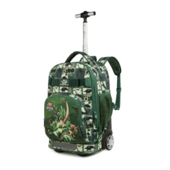 Side profile of a green dinosaur rolling backpack featuring spacious compartments and heavy-duty wheels. Large capacity school trolley by a Backpack OEM Supplier.