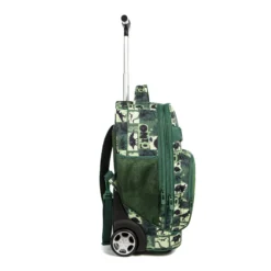 Side profile of a green dinosaur rolling backpack featuring spacious compartments and heavy-duty wheels. Large capacity school trolley by a Backpack OEM Supplier.