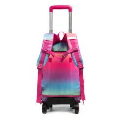 Back view of a rainbow gradient rolling backpack with padded shoulder straps. Ergonomic design by a professional OEM Supplier.