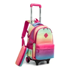 A rainbow gradient rolling backpack set with a matching pencil case. Complete school set by a reliable Backpack Supplier.