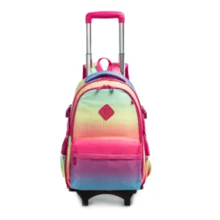Front view of a gradient rolling backpack with an extended pink handle. Trendy school bag by a Custom Backpack Manufacturer.