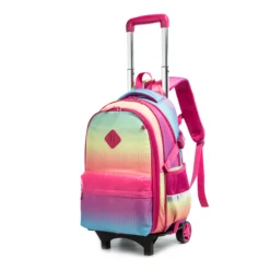Side view of a gradient rolling backpack showing a pink mesh pocket. Functional storage by a professional Backpack Supplier.