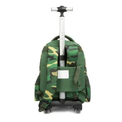 Full back view of a cool monster rolling backpack with an extended silver telescopic handle, smooth wheels, and a built-in name tag. Heavy-duty school trolley by a Backpack Supplier.