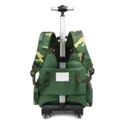 Full back view of a cool camo rolling backpack showing the patterned straps and extended handle. Functional school trolley by a Custom Backpack Manufacturer.