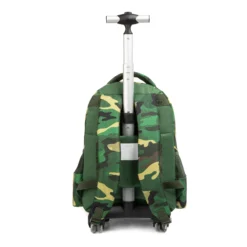 Bottom view of a kids' rolling backpack showing a reinforced sturdy black base and durable clear double wheels. Heavy-duty base by a Custom Backpack Manufacturer.