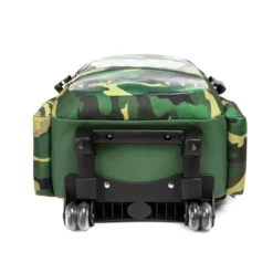 Bottom view of a kids' rolling backpack showing a reinforced sturdy black base and durable clear double wheels. Heavy-duty base by a Custom Backpack Manufacturer.