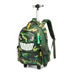 Slanted front view of a cool kids' rolling backpack featuring 3D monster teeth, a yellow fin, and an extended telescopic handle. Cool school trolley by a Backpack Manufacturer.