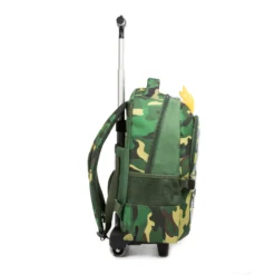 Side view of a cool monster-themed kids' rolling backpack showing a vertical zipper pocket, side mesh pocket, and extended telescopic handle. Practical school rolling bag by a Custom Backpack Manufacturer.