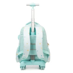 Full back view of a mint green daisy rolling backpack with an extended telescopic handle, mint green wheels, and patterned straps. Heavy-duty school trolley by a Backpack Supplier.