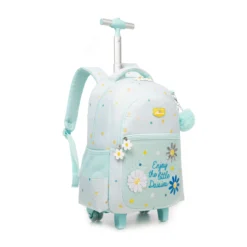 Slanted view of a cute mint green daisy rolling backpack featuring embroidered text, daisy patches, a mint pom-pom, and an extended telescopic handle. Dreamy school trolley by a Backpack Manufacturer.