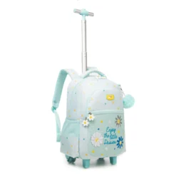 Front view of a mint green daisy rolling backpack showing the embroidered slogan, 3D daisies, pom-pom, and extended telescopic handle. Complete school trolley by a leading Backpack Supplier.