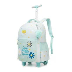 Angled front view of a mint green daisy rolling backpack highlighting the embroidered details, side mesh pocket, and pom-pom. Versatile school trolley by a Custom Backpack Manufacturer.