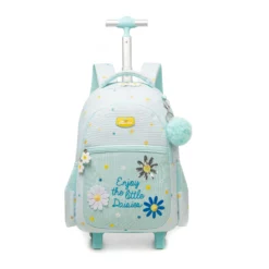 Side view of a mint green daisy rolling backpack showing the side mesh pocket, zippers, pom-pom, and extended telescopic handle. Practical school rolling bag by a Custom Backpack Manufacturer.