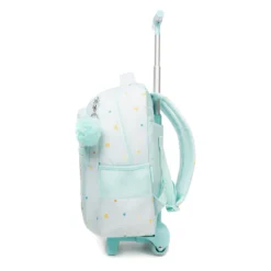Side view of a mint green daisy rolling backpack showing the side mesh pocket, zippers, pom-pom, and extended telescopic handle. Practical school rolling bag by a Custom Backpack Manufacturer.