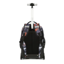 Back view of a camo rolling backpack showing the telescopic handle and padded back. Ergonomic school bag by a leading Backpack Supplier.