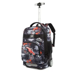 Angled view of a camo rolling backpack with an extended handle and monster truck graphic. Trendy school trolley by a Custom Backpack Manufacturer.