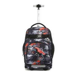 This dynamic shot shows the rolling backpack with its handle fully extended, highlighting the front pocket's bold monster truck graphic and the side mesh pocket. Our OEM Supplier integrates practical storage with travel functionality. This 2-in-1 backpack-and-trolley design provides immense value for your Private Label Bulk Backpacks offerings.