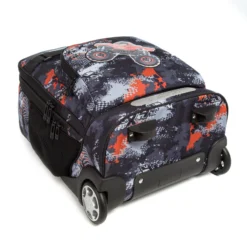 Lay-flat view of the bottom of a rolling backpack showing heavy-duty wheels and a grab handle. Sturdy base design by a Backpack OEM Supplier.