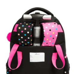 Back view of a kids' rolling backpack showing a silver telescopic handle passing through the straps and an attached name tag. Functional travel backpack by a professional Backpack Manufacturer.