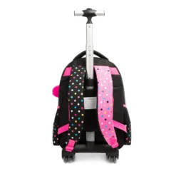 Full back view of a cute panda rolling backpack with an extended silver telescopic handle and smooth wheels. Heavy-duty school trolley by a Backpack Supplier.