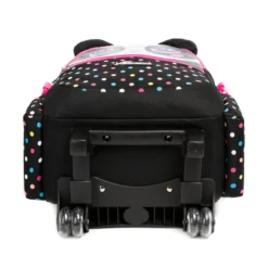 Bottom view of a kids' rolling backpack showing a reinforced sturdy base and durable clear wheels. Heavy-duty base by a Custom Backpack Manufacturer.