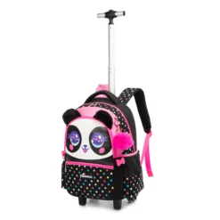 Slanted front view of a cute kids' rolling backpack featuring 3D plush panda ears, a pink fur pom-pom charm, and an extended telescopic handle. Adorable school trolley by a Backpack Manufacturer.