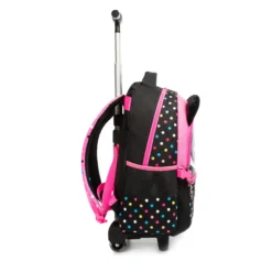 Side view of a cute panda kids' rolling backpack showing a vertical zipper pocket, side mesh pocket, and extended telescopic handle. Practical school rolling bag by a Custom Backpack Manufacturer.