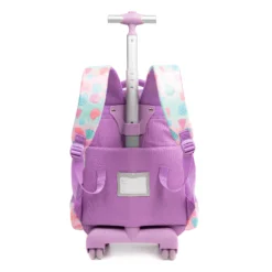 Full back view of a pastel mermaid rolling backpack with an extended silver telescopic handle, glossy purple wheels, and a built-in name tag. Heavy-duty school trolley by a Backpack Supplier.