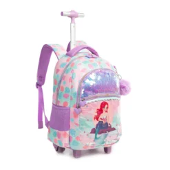 Angled front view of a pastel mermaid rolling backpack highlighting the large sequin pocket, mermaid character, and lavender details. Versatile school trolley by a Custom Backpack Manufacturer.