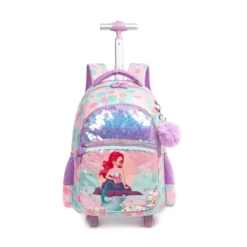 Front view of a pastel mermaid rolling backpack showing a sequin pocket, a 3D mermaid patch, and the extended telescopic handle. Complete school trolley by a leading Backpack Supplier.