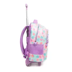 Side view of a cute mermaid rolling backpack showing a vertical zipper pocket, side mesh pocket, and extended telescopic handle. Practical school rolling bag by a Custom Backpack Manufacturer.