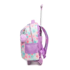 Side profile of a dreamy mermaid rolling backpack highlighting the pastel shell pattern and purple mesh side pocket. Durable fabric bag by a Backpack OEM Supplier.