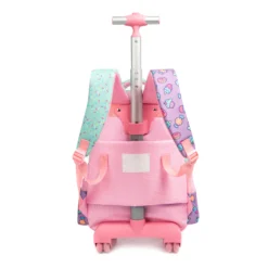Full back view of a cute unicorn rolling backpack with an extended silver telescopic handle, glossy pink wheels, and a built-in name tag. Heavy-duty school trolley by a Backpack Supplier