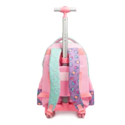 Bottom view of a kids' rolling backpack showing a reinforced sturdy pastel pink base and durable glossy pink wheels. Heavy-duty base by a Custom Backpack Manufacturer.