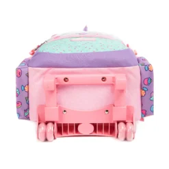 Slanted front view of a cute kids' rolling backpack featuring 3D sparkly ears, a soft fur pom-pom charm, and an extended telescopic handle. Adorable school trolley by a Backpack Manufacturer.