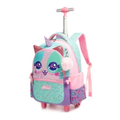 Slanted front view of a cute kids' rolling backpack featuring 3D sparkly ears, a soft fur pom-pom charm, and an extended telescopic handle. Adorable school trolley by a Backpack Manufacturer.