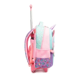 Side view of a cute unicorn-themed kids' rolling backpack showing a vertical zipper pocket, side mesh pocket, and extended telescopic handle. Practical school rolling bag by a Custom Backpack Manufacturer.