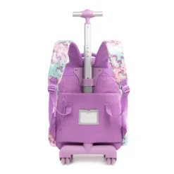 Full back view of a pastel unicorn rolling backpack with an extended silver telescopic handle, glossy purple wheels, and a built-in name tag. Heavy-duty school trolley by a Backpack Supplier.