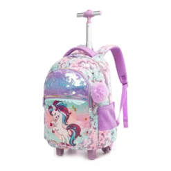 Slanted view of a cute unicorn rolling backpack featuring a shiny sequin front pocket, a 3D unicorn patch, and a purple pom-pom charm. Dreamy school trolley by a Backpack Manufacturer.