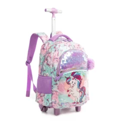 Angled front view of a pastel unicorn rolling backpack highlighting the large sequin pocket, unicorn character, and lavender details. Versatile school trolley by a Custom Backpack Manufacturer.