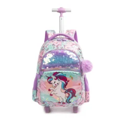 Front view of a pastel unicorn rolling backpack showing a sequin pocket, a 3D unicorn patch, and the extended telescopic handle. Complete school trolley by a leading Backpack Supplier.