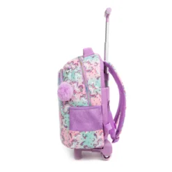 Side view of a cute unicorn rolling backpack showing a vertical zipper pocket, side mesh pocket, and extended telescopic handle. Practical school rolling bag by a Custom Backpack Manufacturer.