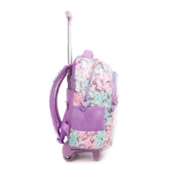 Side profile of a pastel unicorn rolling backpack showing its structural depth, unicorn pattern, and heart-shaped zipper pull. High-density fabric bag by a Backpack OEM Supplier.